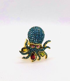 Bochic “Orient” Vintage Natural Blue Topaz & Tourmaline  Ring Set 18K & Silver