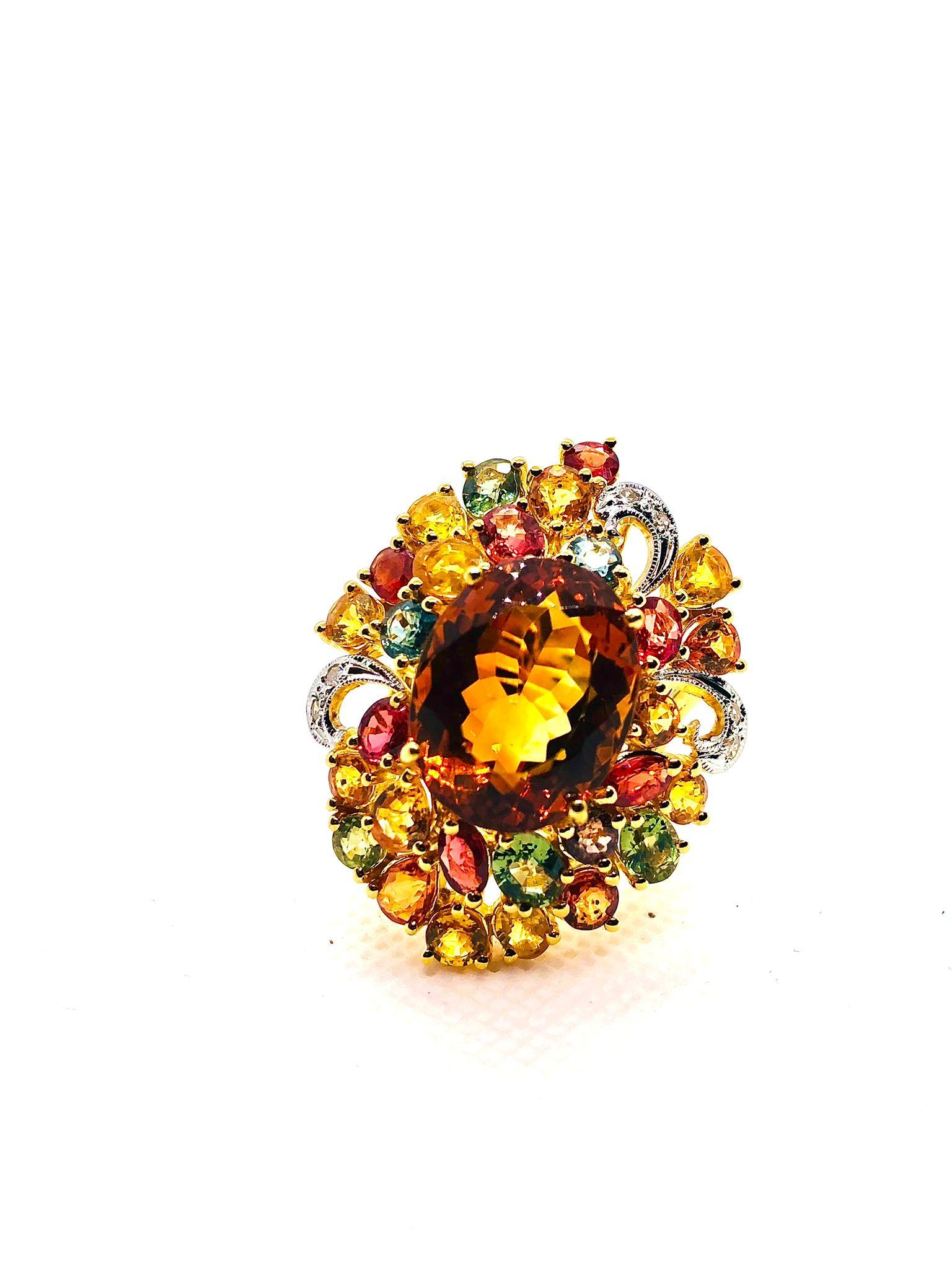 Bochic “Orient” Vintage Natural Citrine, Diamond & Sapphire Ring Set In 18K Gold For Sale 5