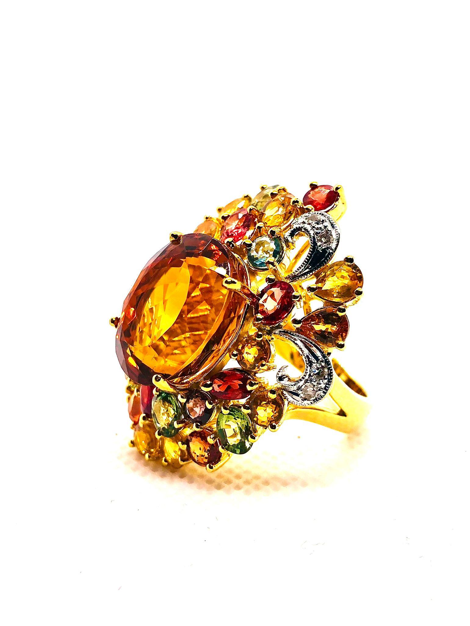 Women's or Men's Bochic “Orient” Vintage Natural Citrine, Diamond & Sapphire Ring Set In 18K Gold For Sale