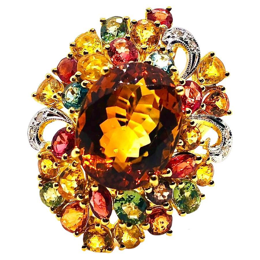 Anello Bochic "Orient" vintage con citrino naturale, diamante e zaffiro in oro 18 carati