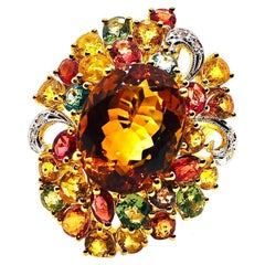Anello Bochic "Orient" vintage con citrino naturale, diamante e zaffiro in oro 18 carati