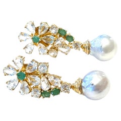 Bochic “Orient” Vintage Natural Emerald & Pearl Earrings Set 18K Gold & Silver