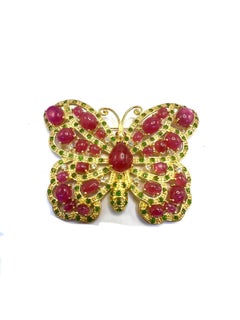 Bochic “Orient” Vintage Natural Multi Ruby & Emerald Butterfly Brooch 18K Gold &