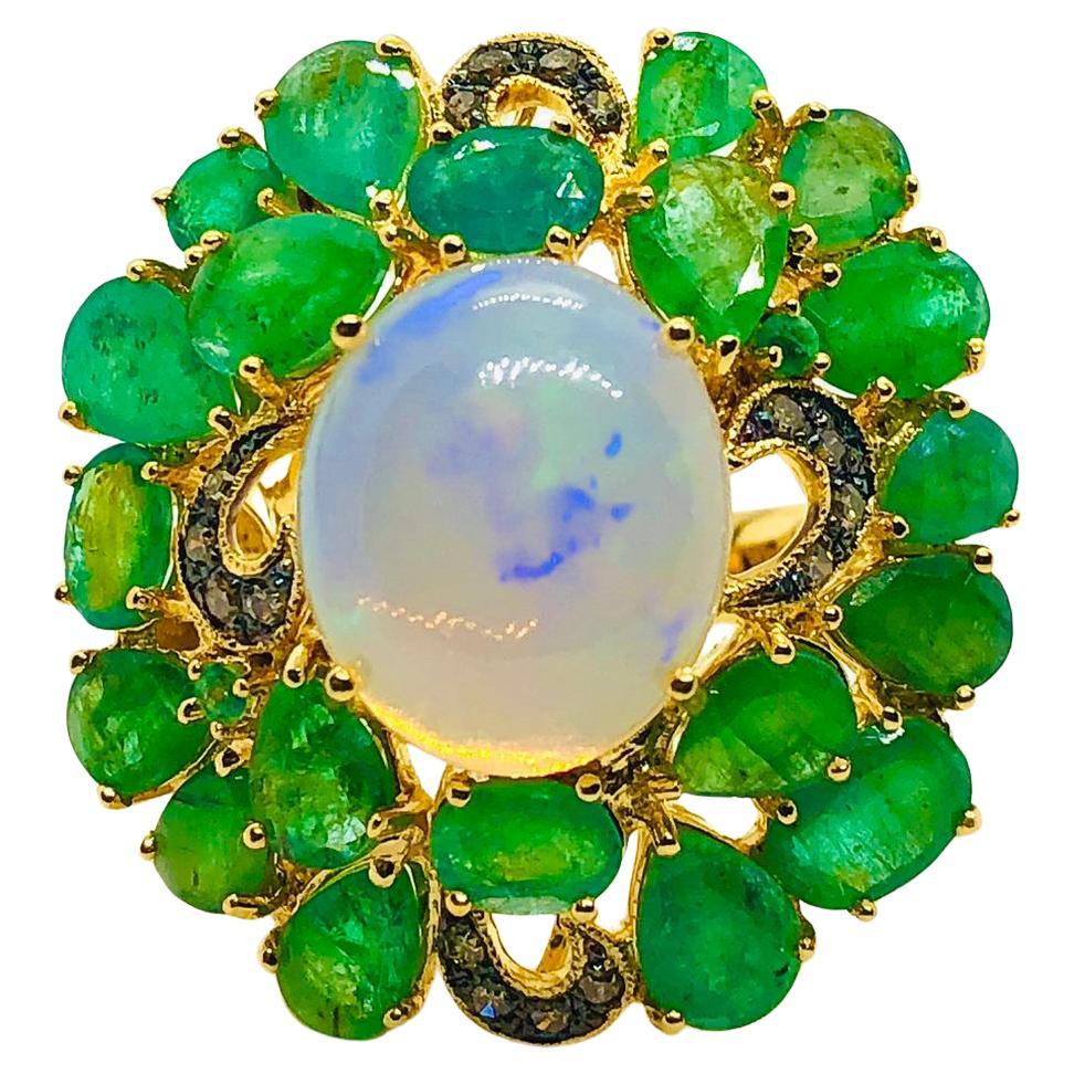 Bochic “Orient” Vintage Natural Opal 
Emerald Ring Set In 18K 
Silver For Sale