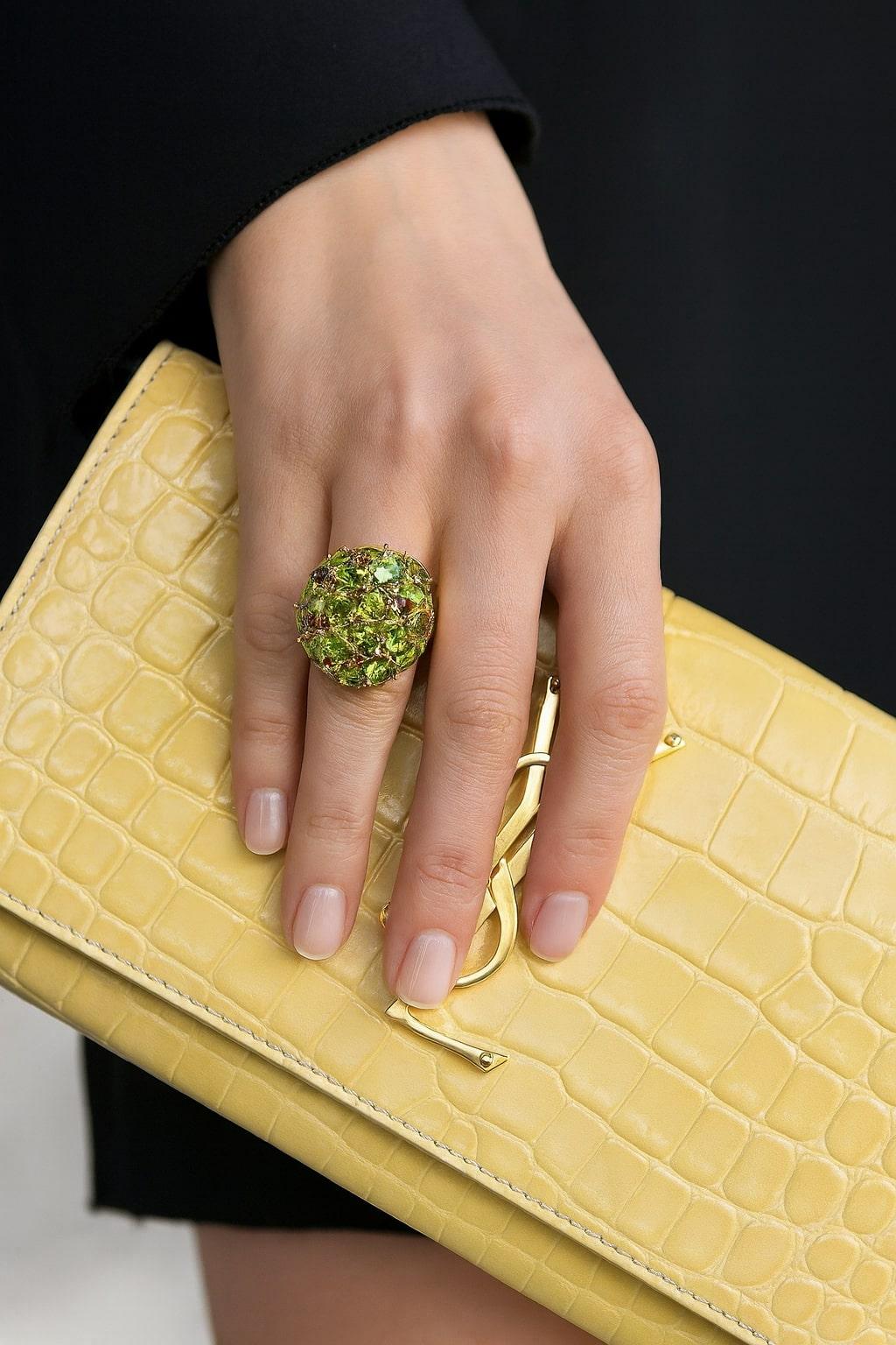 Baroque Revival Bochic “Orient” Vintage Natural Peridot & Tourmaline  Ring Set 18K & Silver For Sale