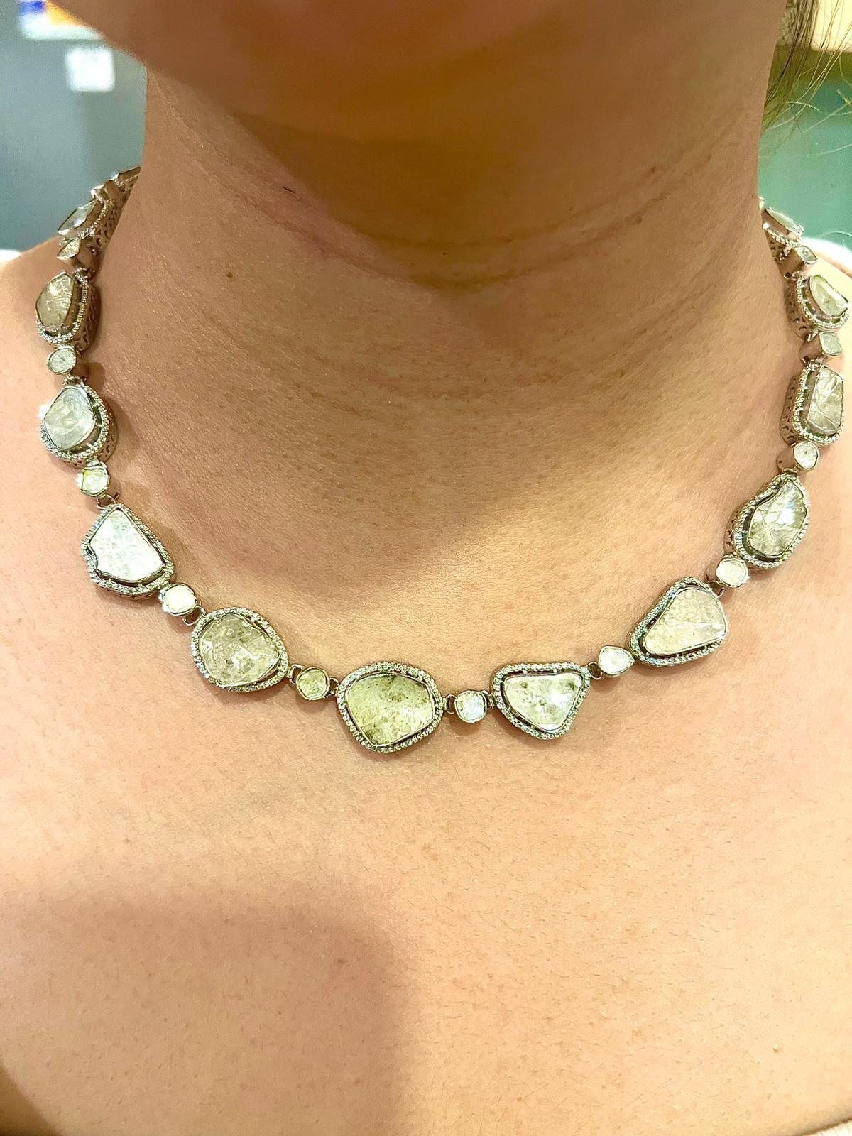 Bochic “Orient” Vintage Natural Rose Cut Diamond Necklace Set in 18K Gold Over S For Sale 8