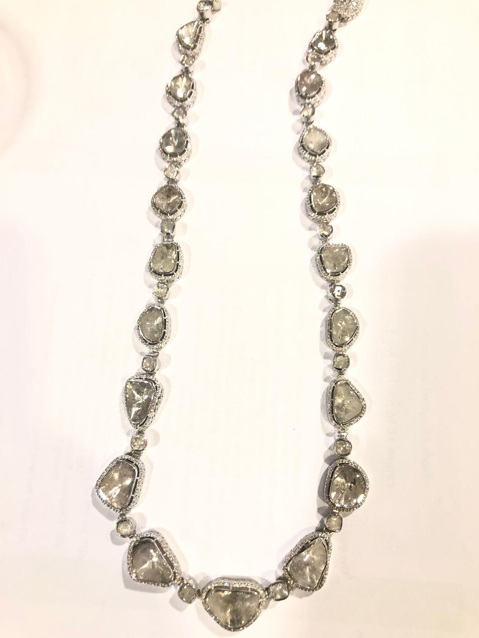 Bochic “Orient” Vintage Natural Rose Cut Diamond Necklace Set in 18K Gold Over S In Excellent Condition For Sale In New York, NY