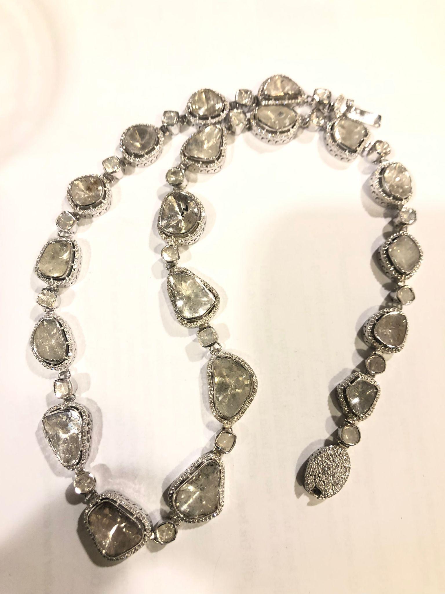 Bochic “Orient” Vintage Natural Rose Cut Diamond Necklace Set in 18K Gold Over S For Sale 2