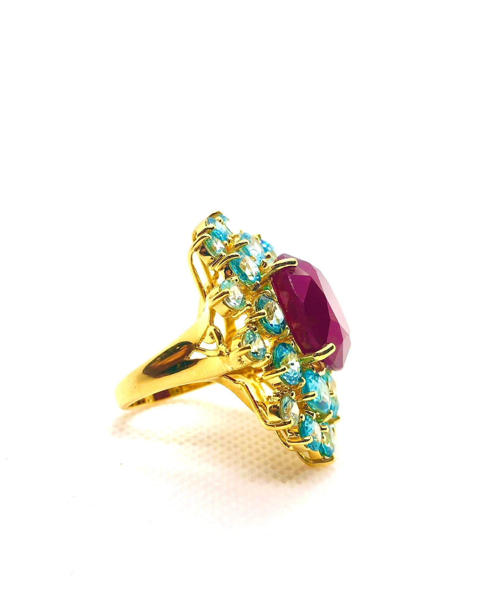 Baroque Bochic “Orient” Vintage Natural Ruby & Blue Topaz Ring Set In 18K Gold & Silver For Sale