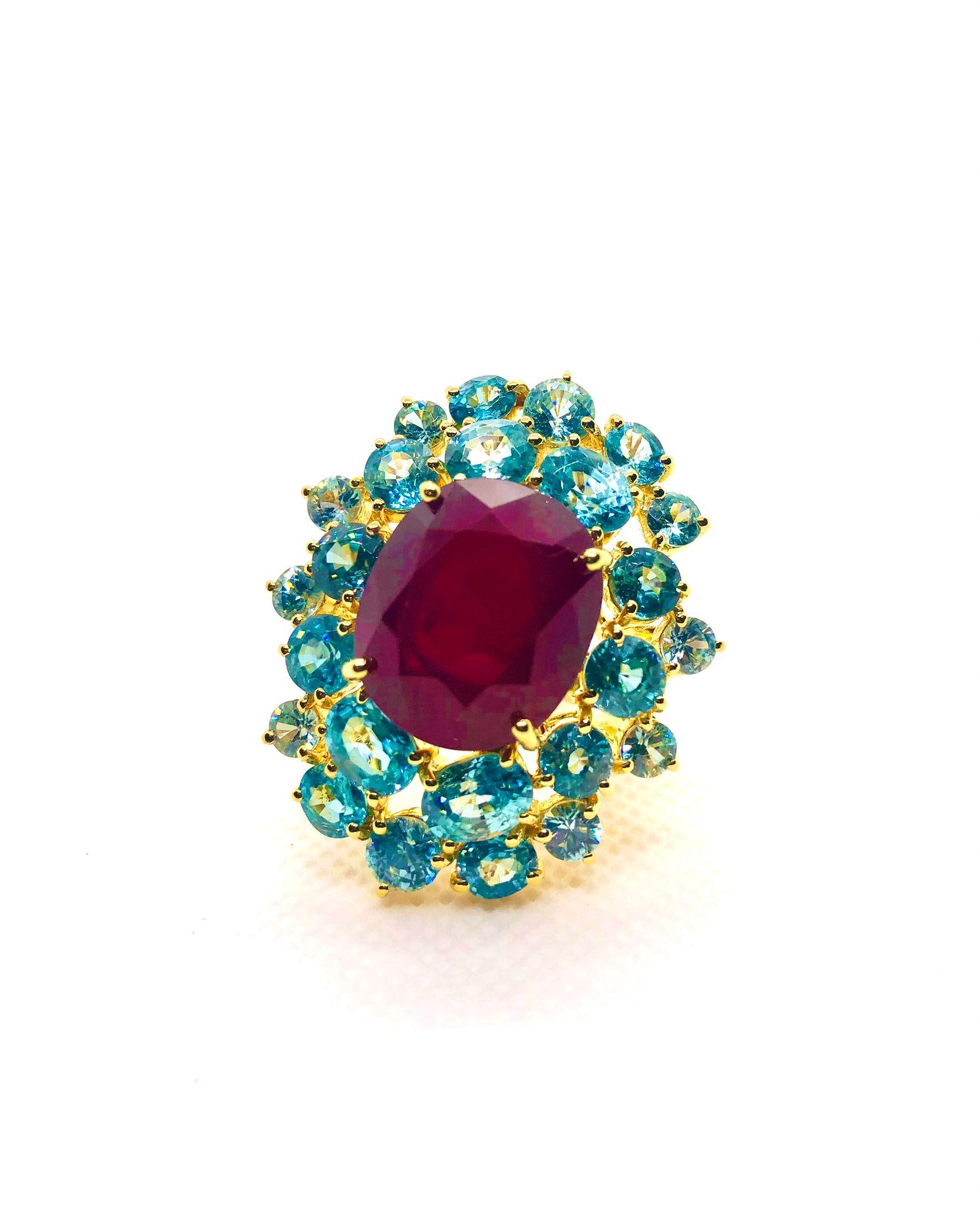 Bochic “Orient” Vintage Natural Ruby & Blue Topaz Ring Set In 18K Gold & Silver For Sale 1