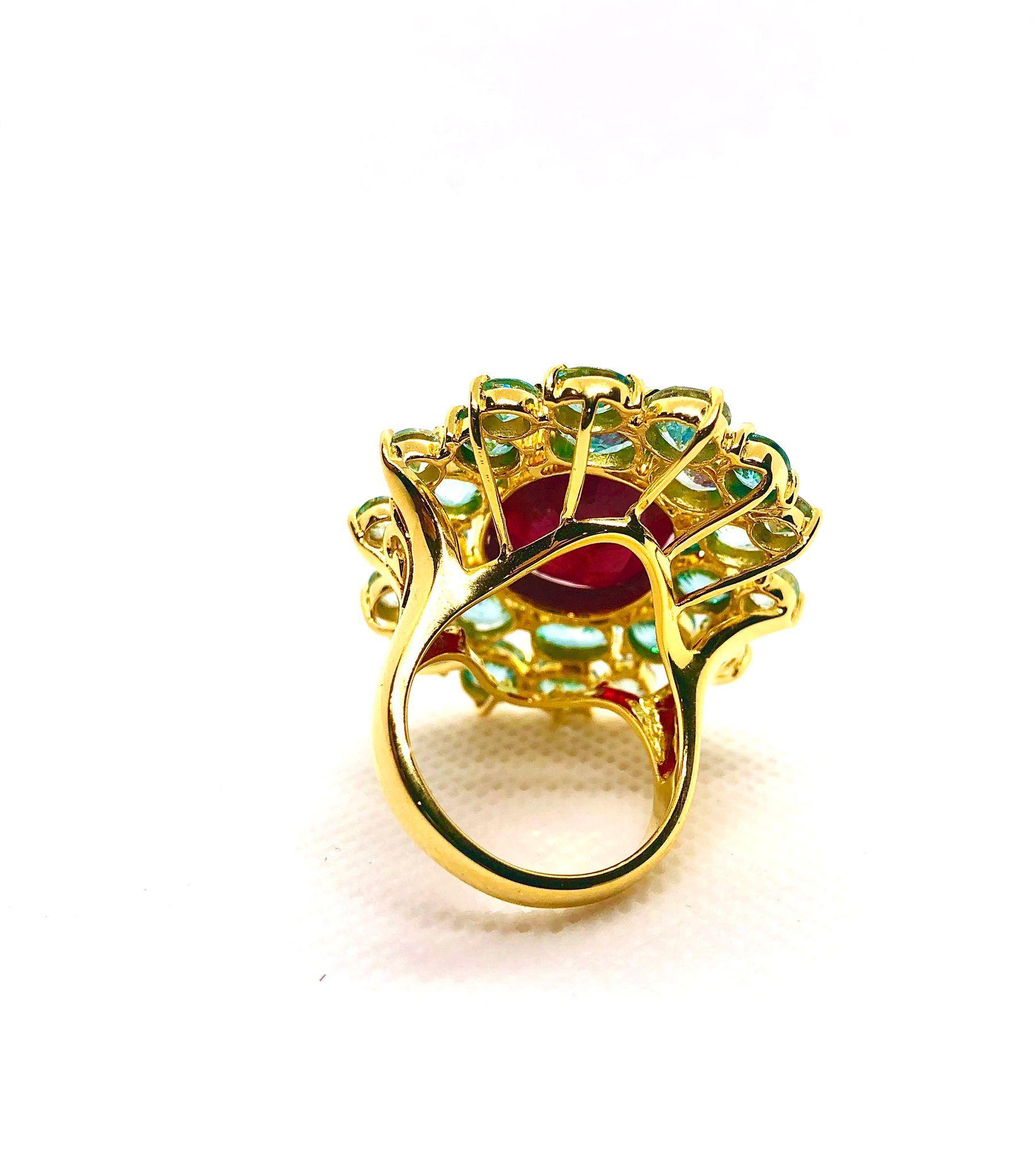 Bochic “Orient” Vintage Natural Ruby & Blue Topaz Ring Set In 18K Gold & Silver For Sale 3