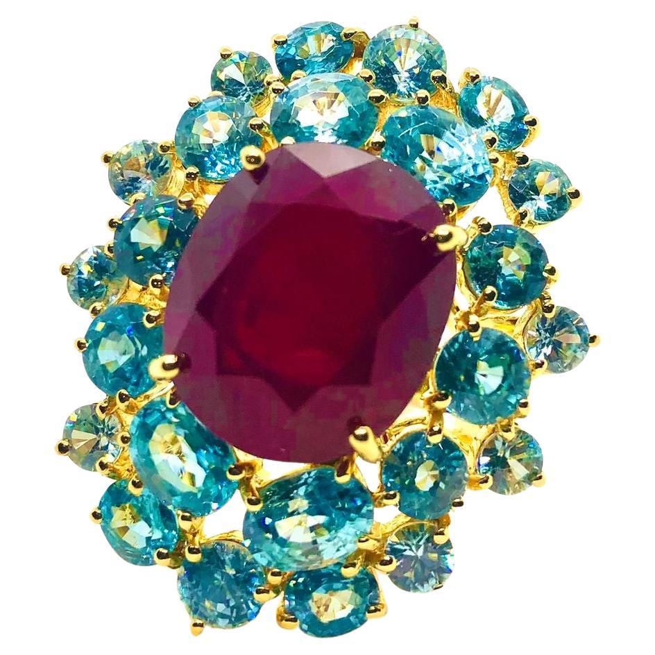 Bochic “Orient” Vintage Natural Ruby & Blue Topaz Ring Set In 18K Gold & Silver For Sale
