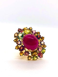 Anello Bochic "Orient" vintage con rubino naturale, diamante e zaffiro multiplo incastonato in oro 18 carati