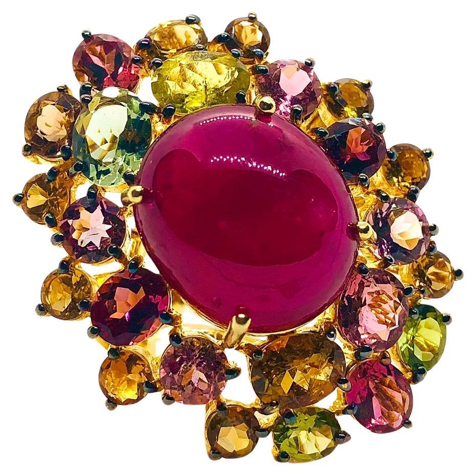 Anello Bochic "Orient" vintage con rubino naturale, diamante e zaffiro multiplo incastonato in oro 18 carati