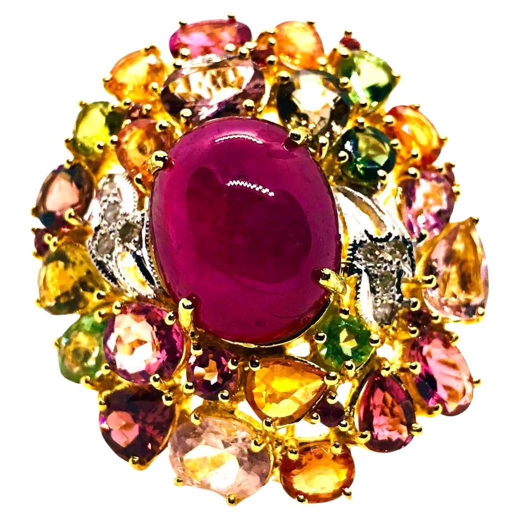 Anello Bochic "Orient" vintage con rubino naturale, diamante e zaffiro multiplo incastonato in oro 18 carati