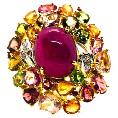 Anello Bochic "Orient" vintage con rubino naturale, diamante e zaffiro multiplo incastonato in oro 18 carati