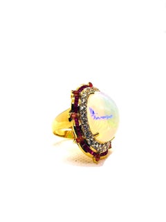 Bochic “Orient” Vintage Natural Ruby & Fire Opal Ring Set In 18 K Gold & Silver