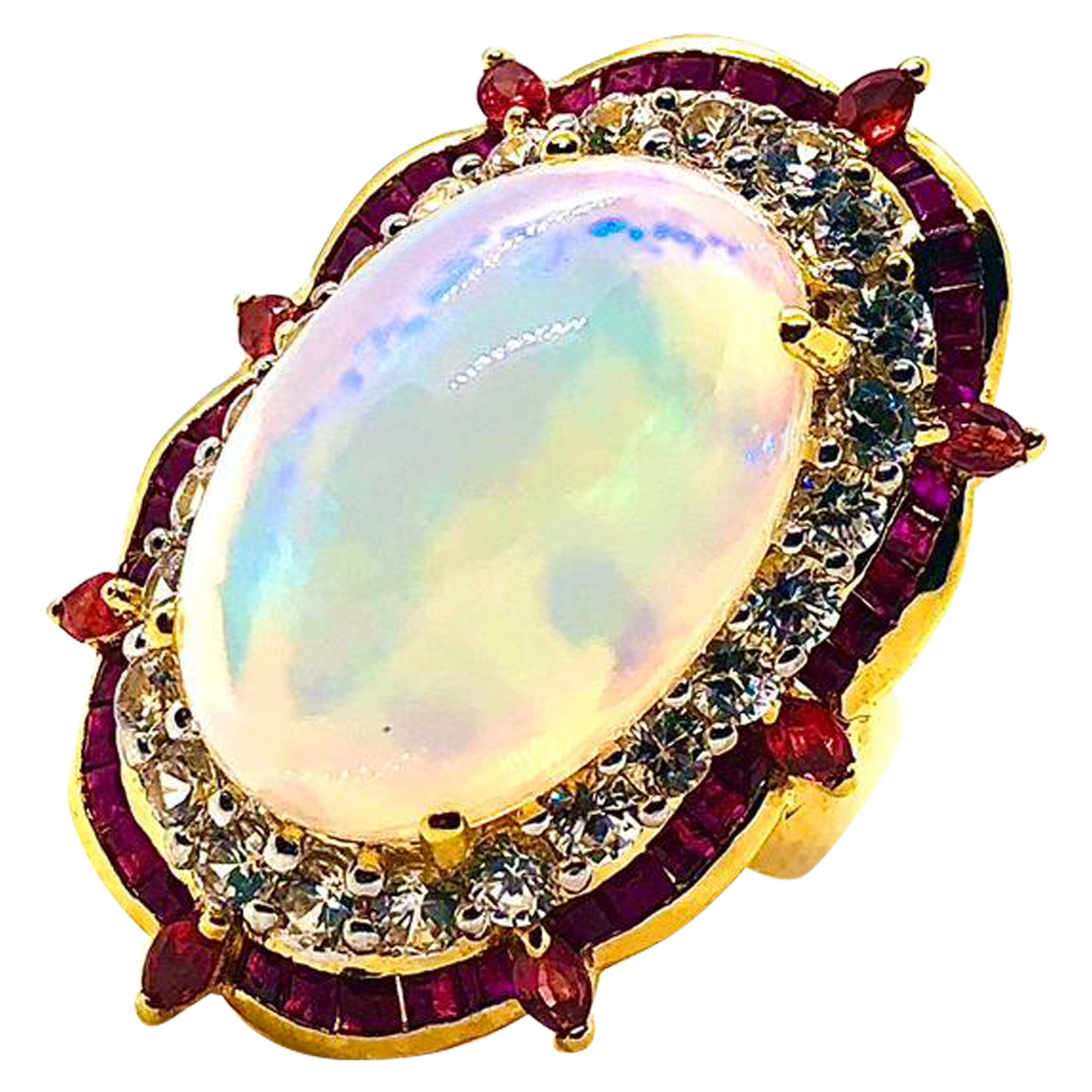 Bochic "Orient" Vintage natürlichen Rubin & Feuer Opal Ring Set in 18 K Gold & Silber im Angebot