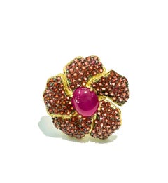 Bochic “Orient” Vintage Natural Ruby & Garant Cocktail Ring Set 18K Gold &Silver