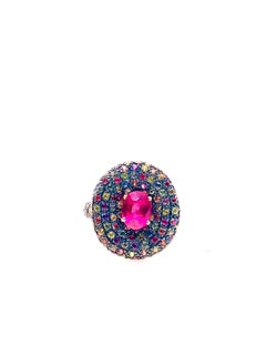 Bague Vintage "Orient" rubis naturel et saphirs multiples en or 18 carats et soie