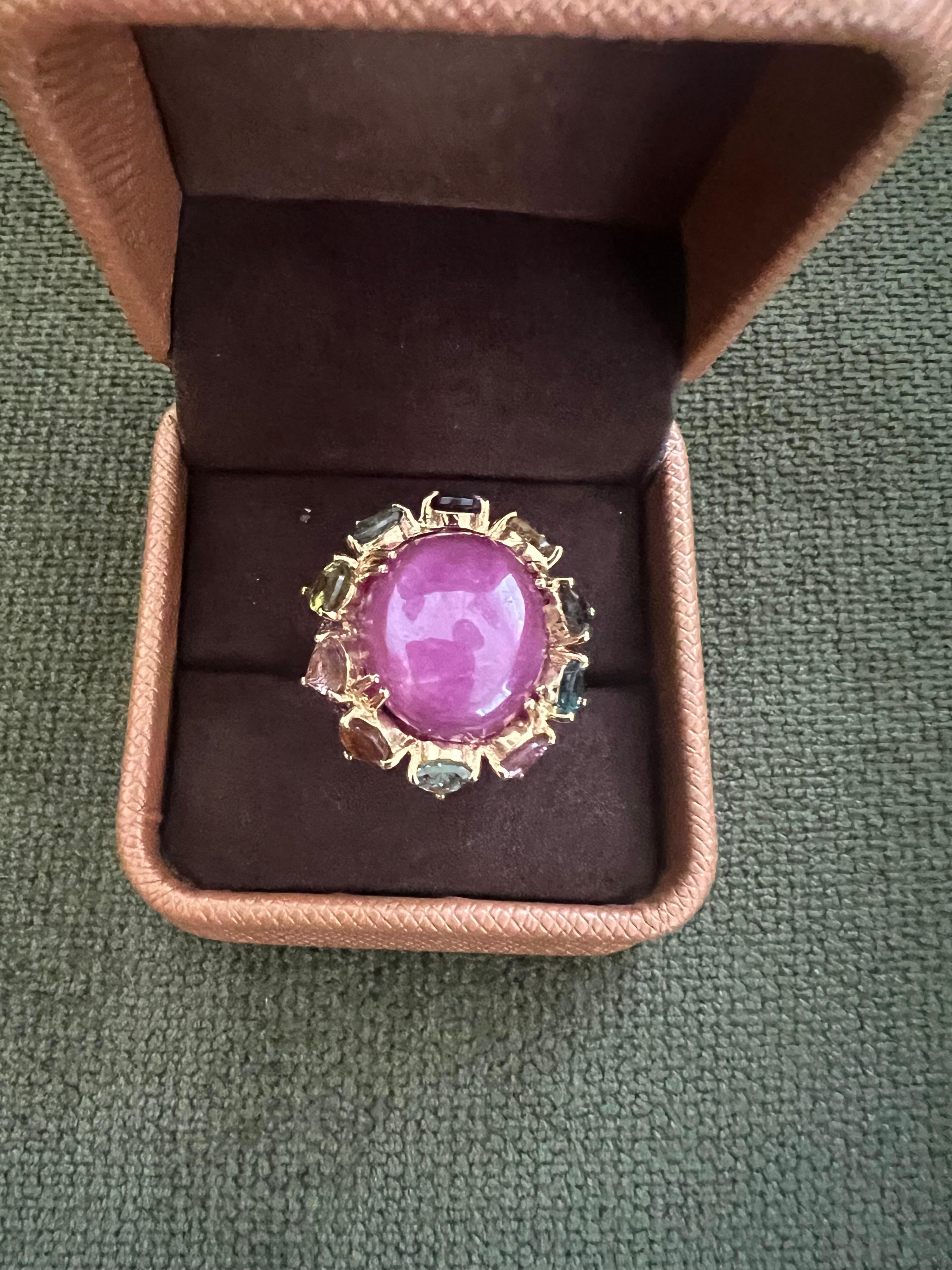 Cabochon Bochic “Orient” Vintage Natural Ruby & Multi Tourmalines Ring Set In 18K Gold & For Sale