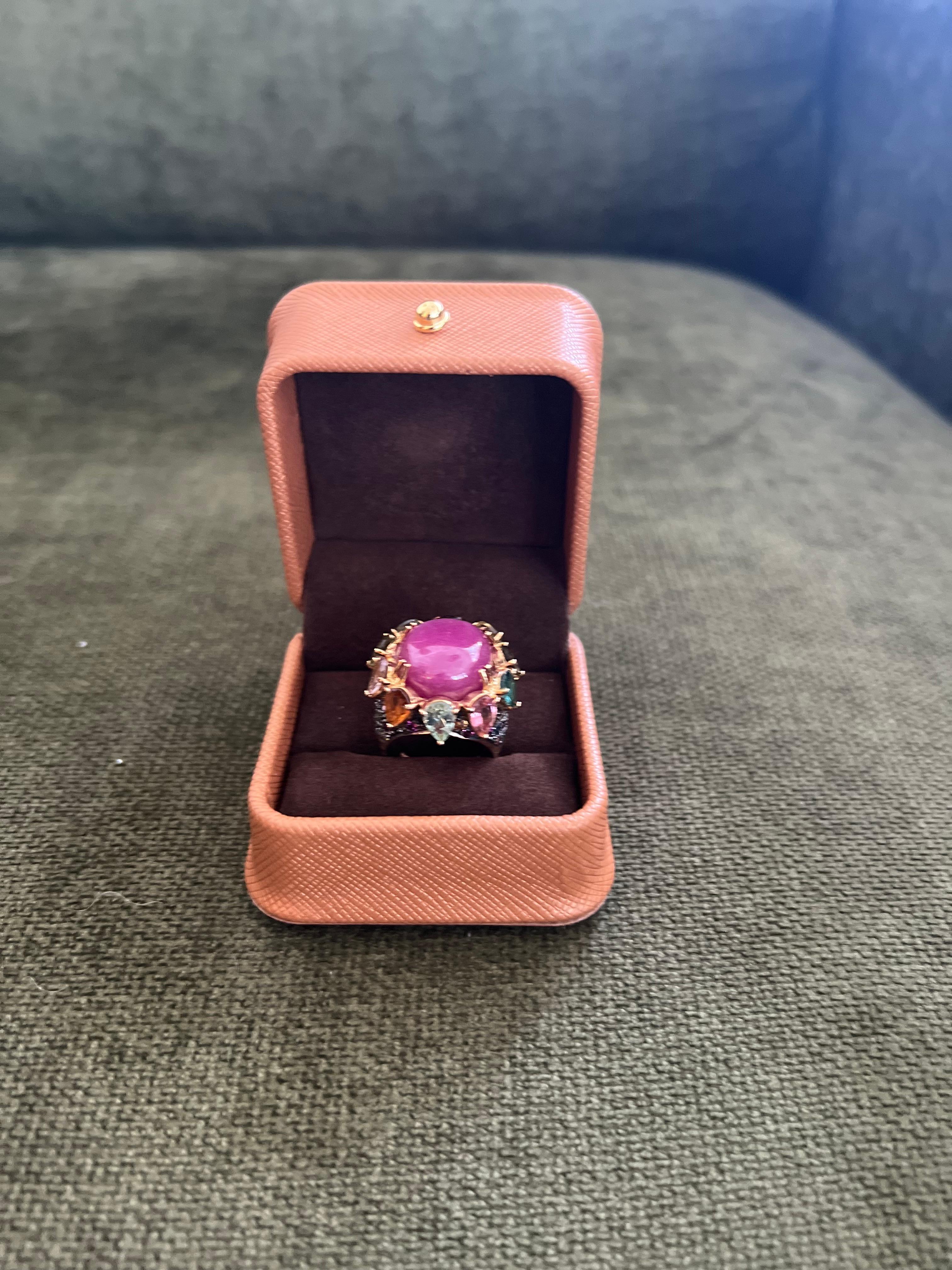 Bochic “Orient” Vintage Natural Ruby & Multi Tourmalines Ring Set In 18K Gold & For Sale 1