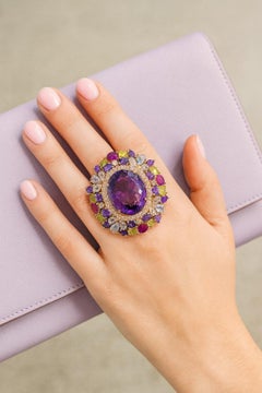 Bochic "Orient" Anillo Vintage de Rubí Natural, Peridoto y Amatista Engastado en Oro de 18K y