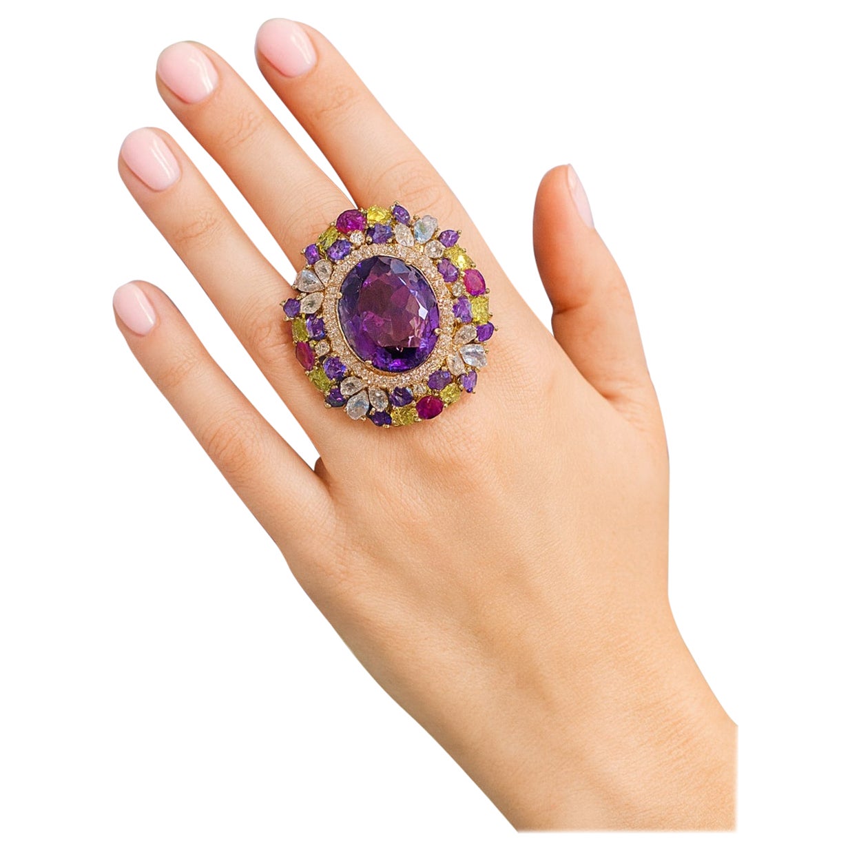 Anello Vintage Bochic "Orient" con rubino naturale, peridoto e ametista incastonati in oro 18 carati.