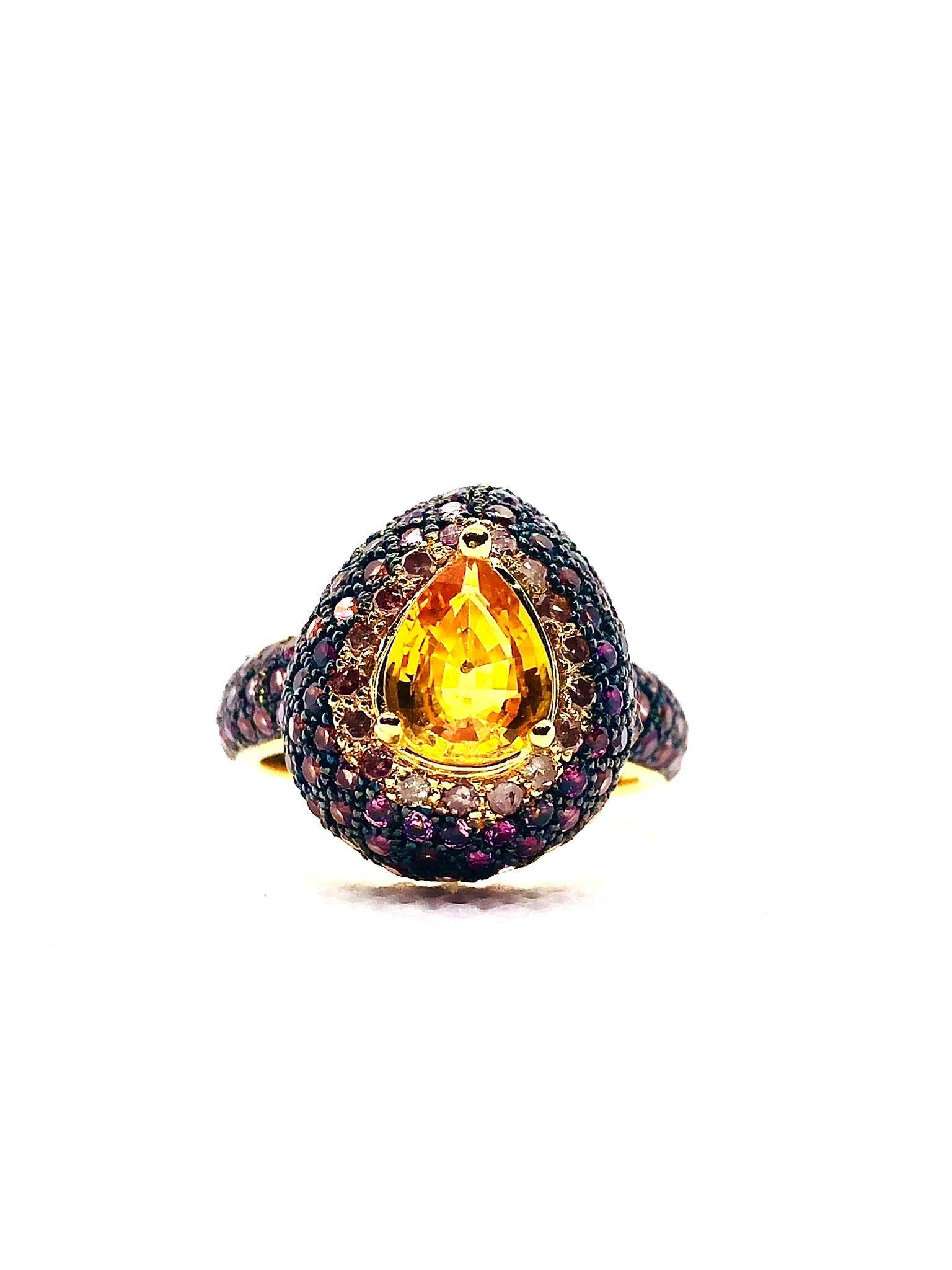 Bochic “Orient” Vintage Fancy Sapphire & Cognac Diamond Ring Set In 18K Gold & S For Sale 5