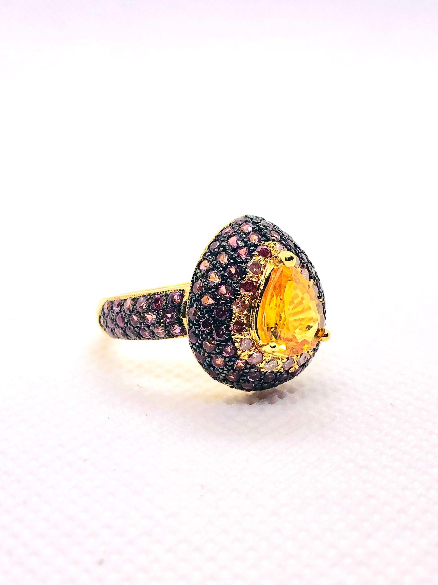 Art Deco Bochic “Orient” Vintage Fancy Sapphire & Cognac Diamond Ring Set In 18K Gold & S For Sale