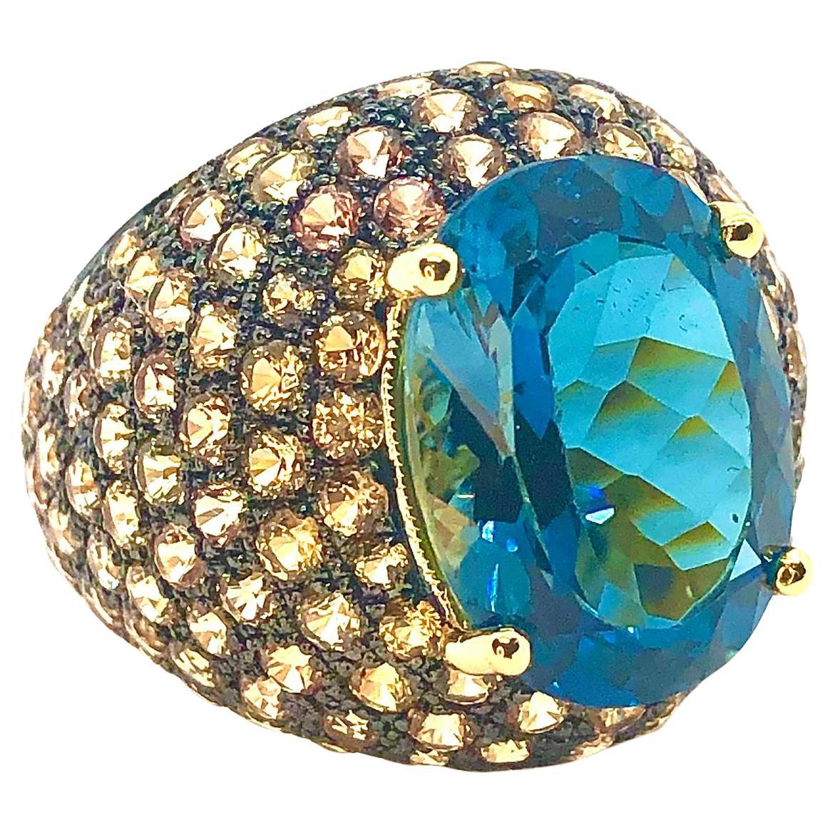 Bochic “Orient” Vintage Natural Yellow Sapphire & Blue Topaz Ring Set 18K Gold &