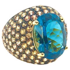 Bochic "Orient" Anello vintage con zaffiro giallo naturale e topazio blu in oro 18 carati e