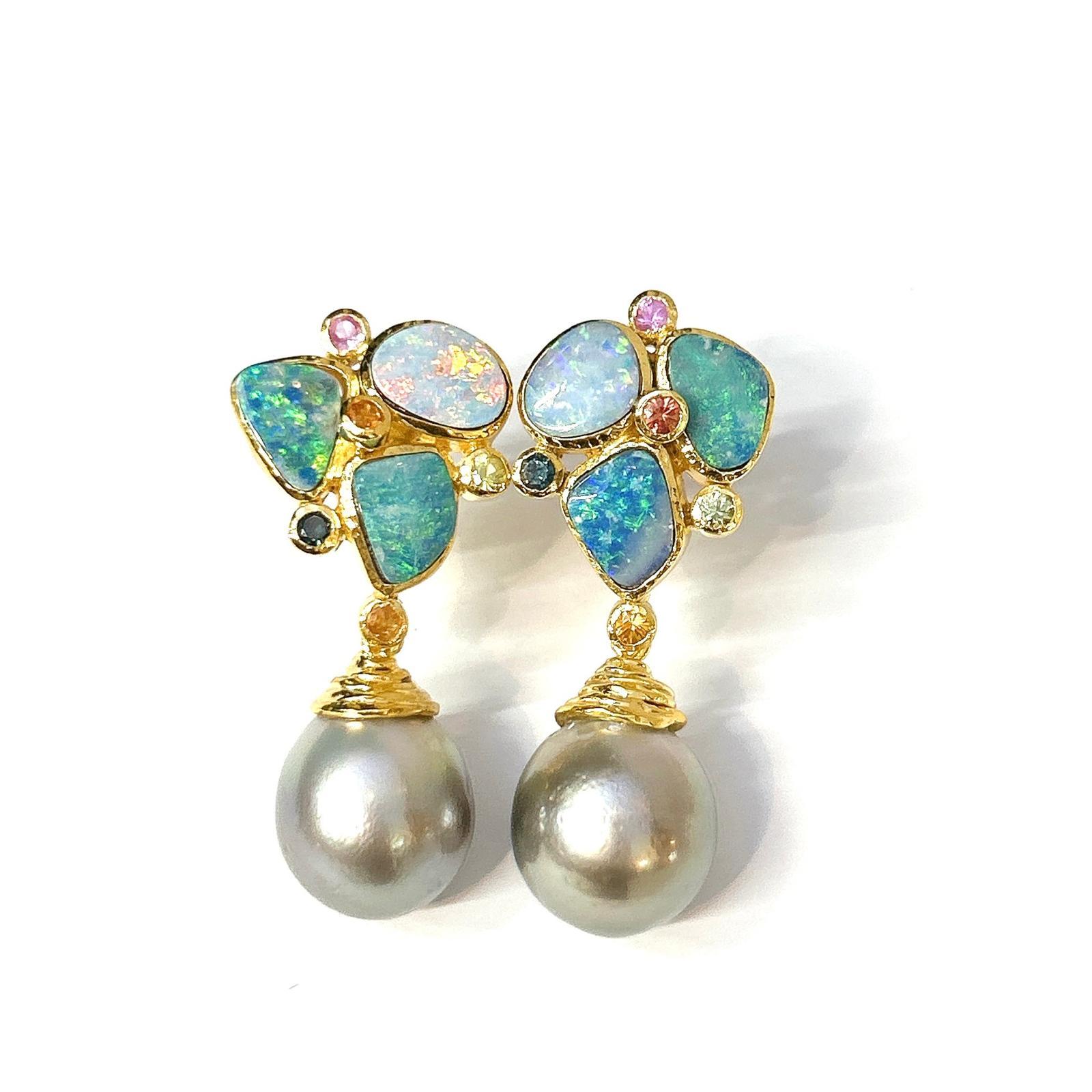 Brilliant Cut Bochic “Orient” Vintage Opal, South Sea Pearls & Sapphires Earrings Set 18K Gold For Sale