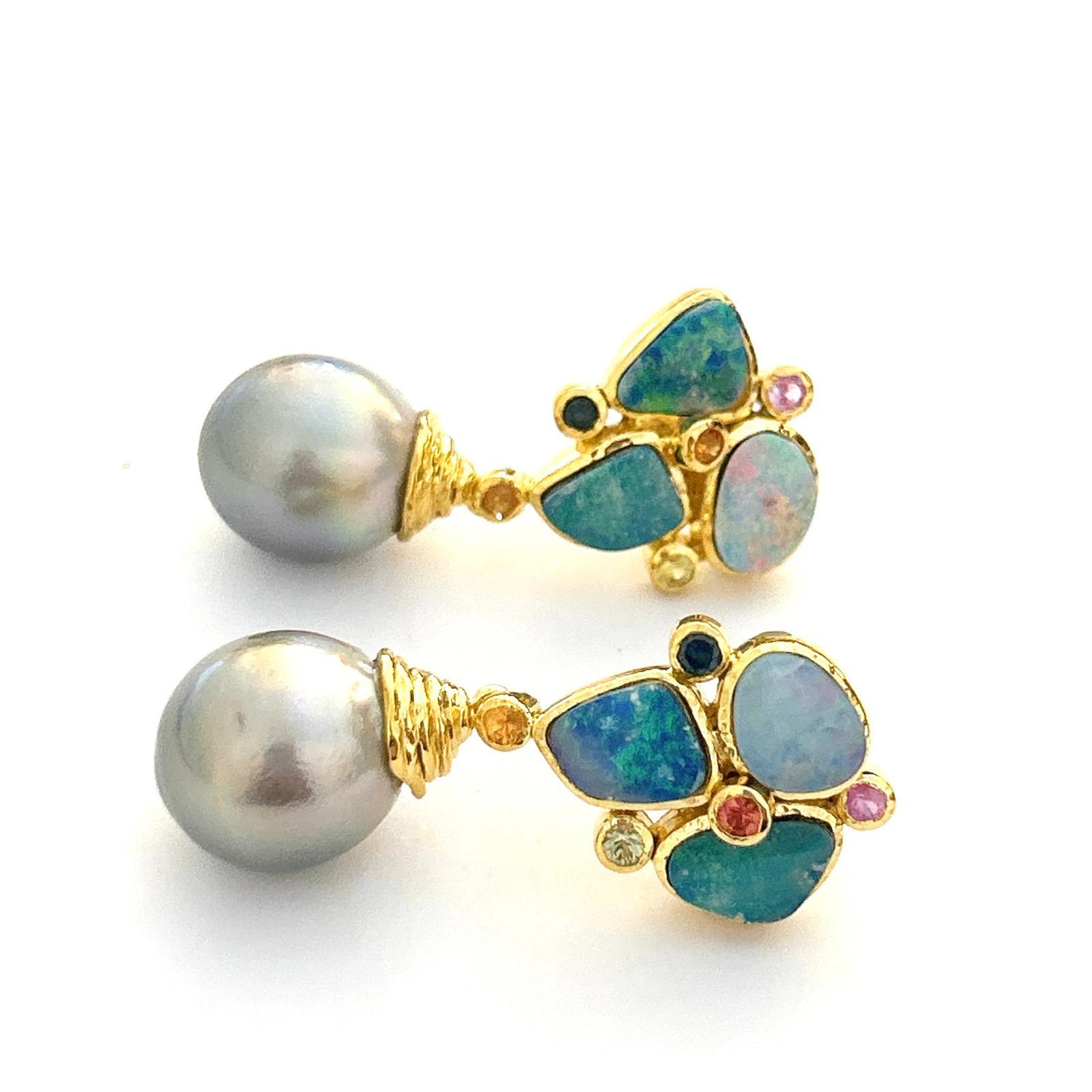 Bochic “Orient” Vintage Opal, South Sea Pearls & Sapphires Earrings Set 18K Gold In Excellent Condition For Sale In New York, NY