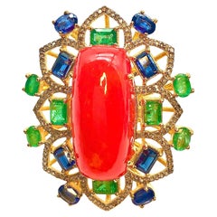 Bochic “Orient” Vintage Orange Opal, Emerald, Kyanite & Diamond Ring Set In 18K