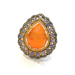 Bochic “Orient” Vintage Orange Opal, Sapphire & Diamond Ring Set In 18K & Silver