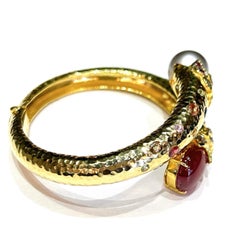 Bochic “Orient” Vintage Pearl, Ruby & Sapphire Bangle Set In 18K Gold & Silver