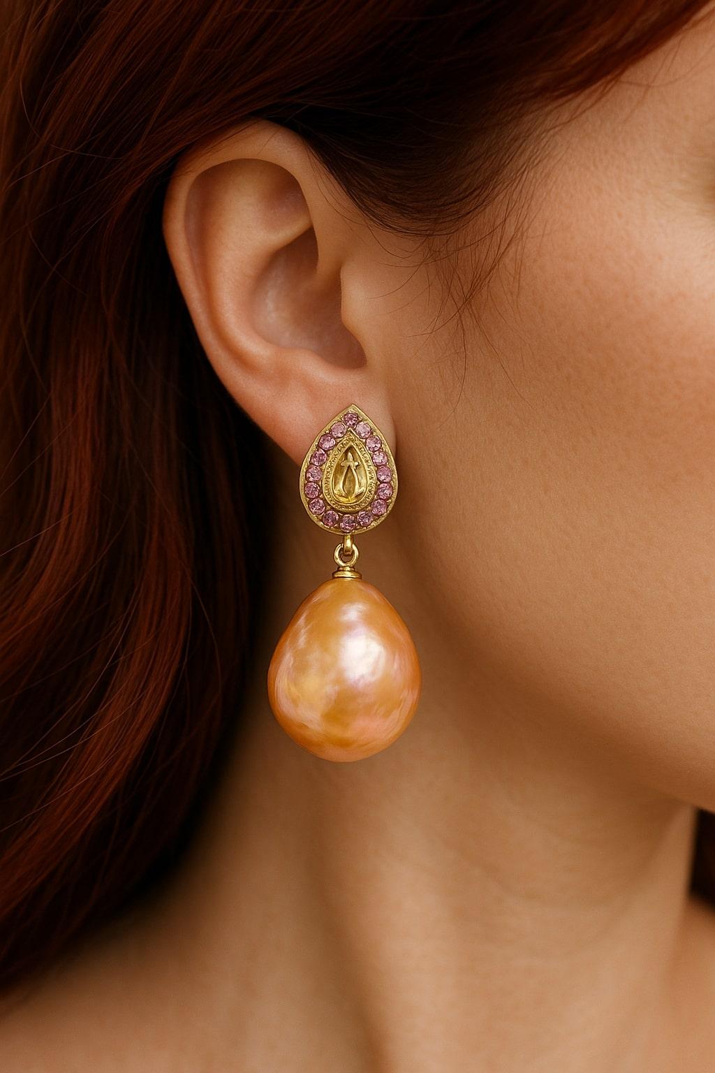 Bochic “Orient” Vintage Pink Sapphire 
Golden Pearl Earrings Set 18K Gold 
Sil