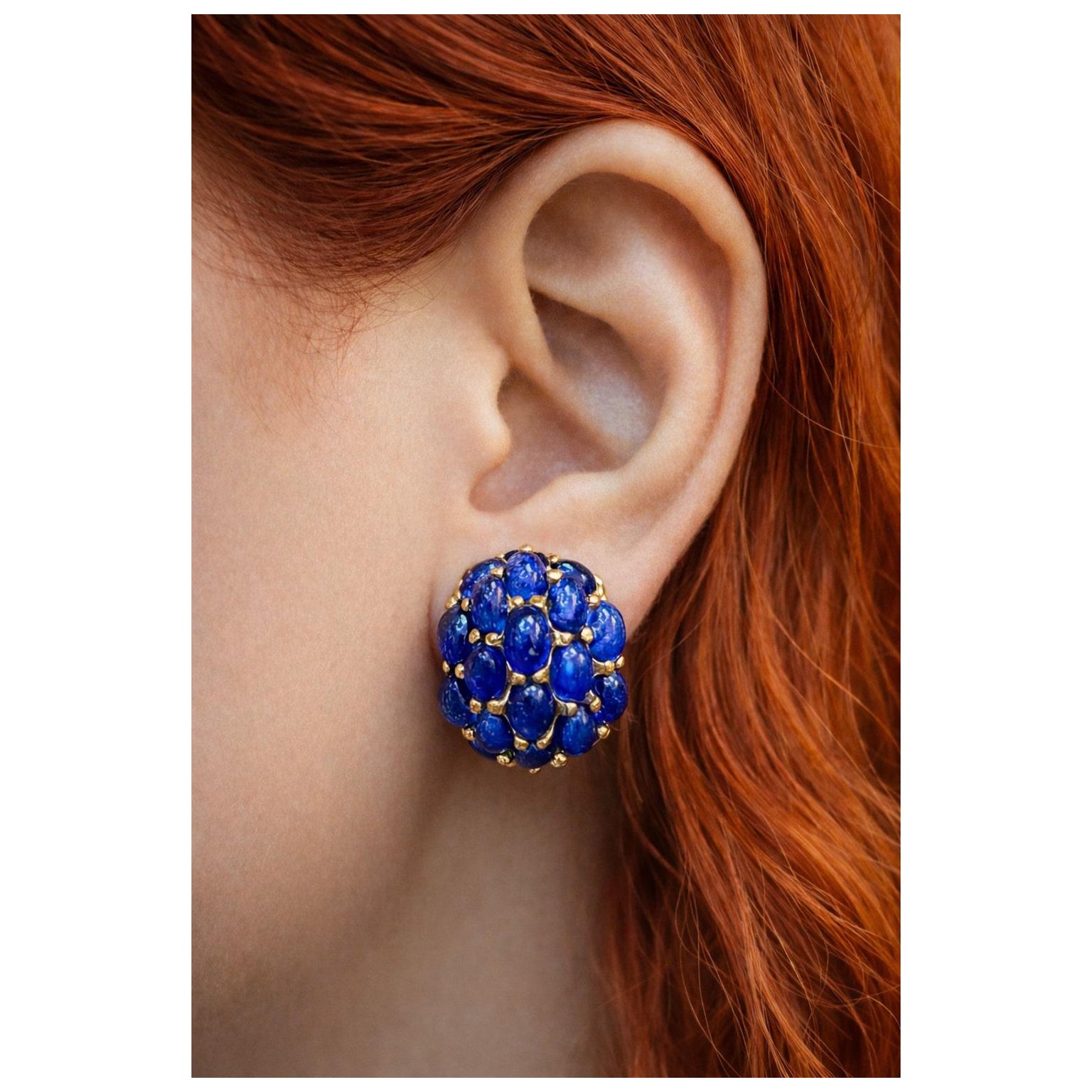 Bochic “Orient” Vintage Retro Bubble Sapphire Earrings Set 18K Gold 
Silver For Sale