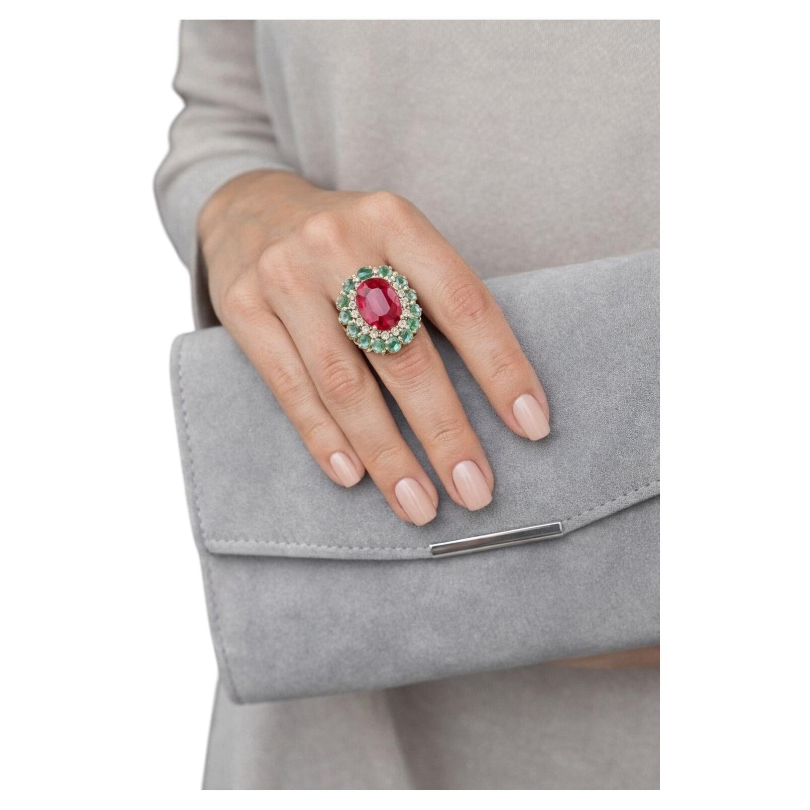 Bochic “Orient” Vintage Retro Emerald, Ruby & Diamond  Ring Set In 18K Gold & Si For Sale