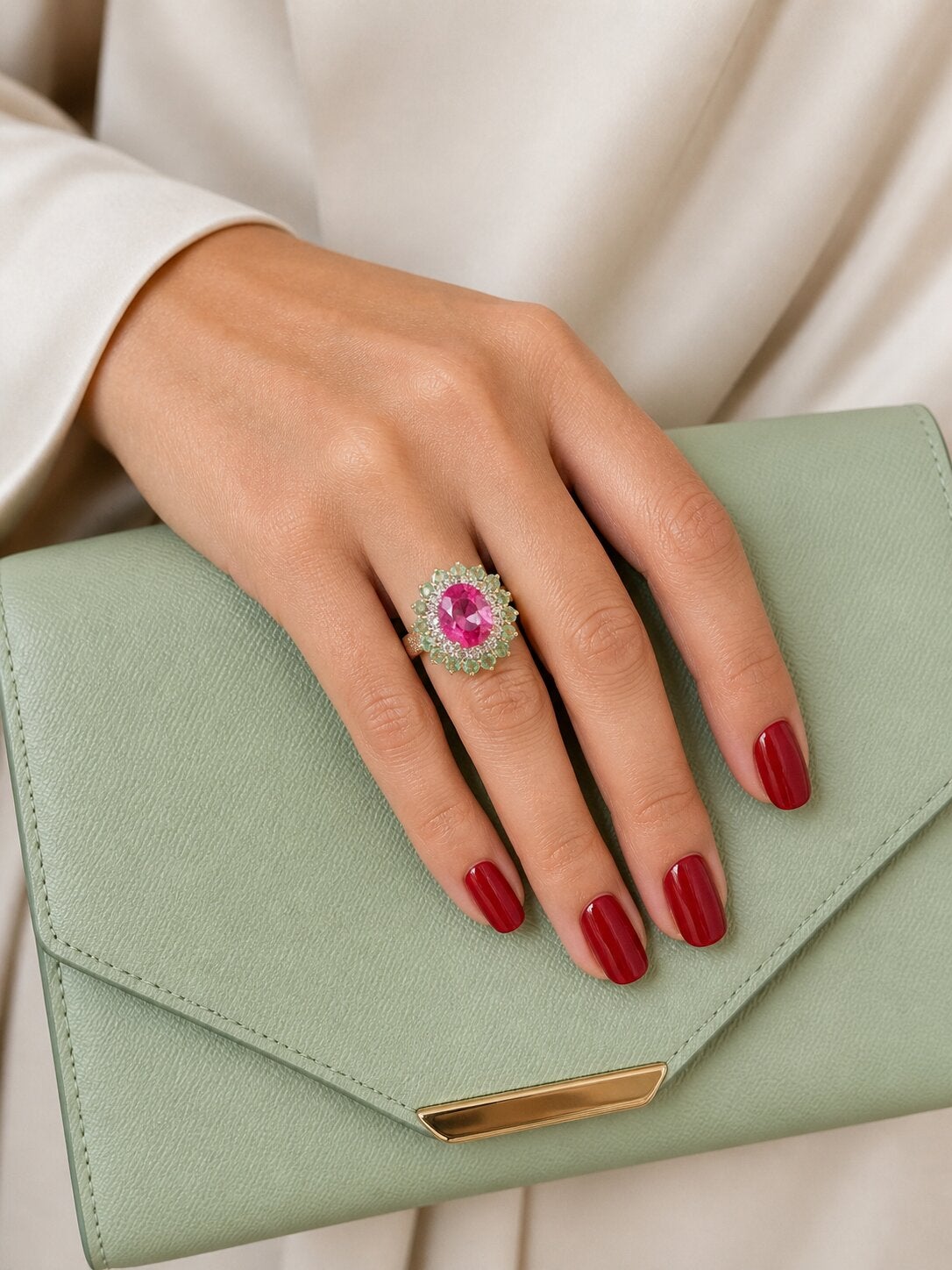 Bochic “Orient” Vintage Retro Emerald, Ruby & Diamond  Ring Set In 18K Gold & Si For Sale