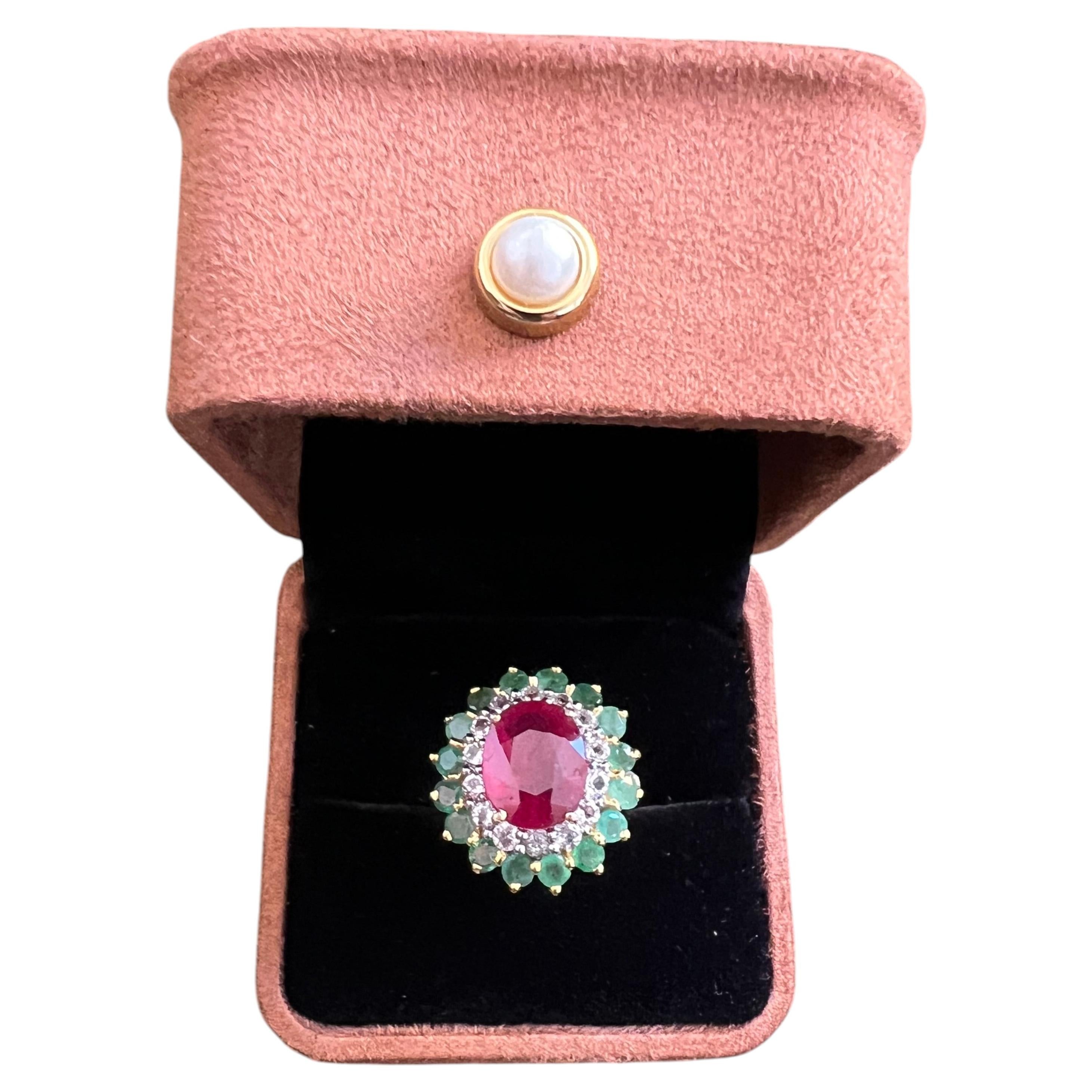 Bochic “Orient” Vintage Retro Emerald, Ruby & Diamond  Ring Set In 18K Gold & Si