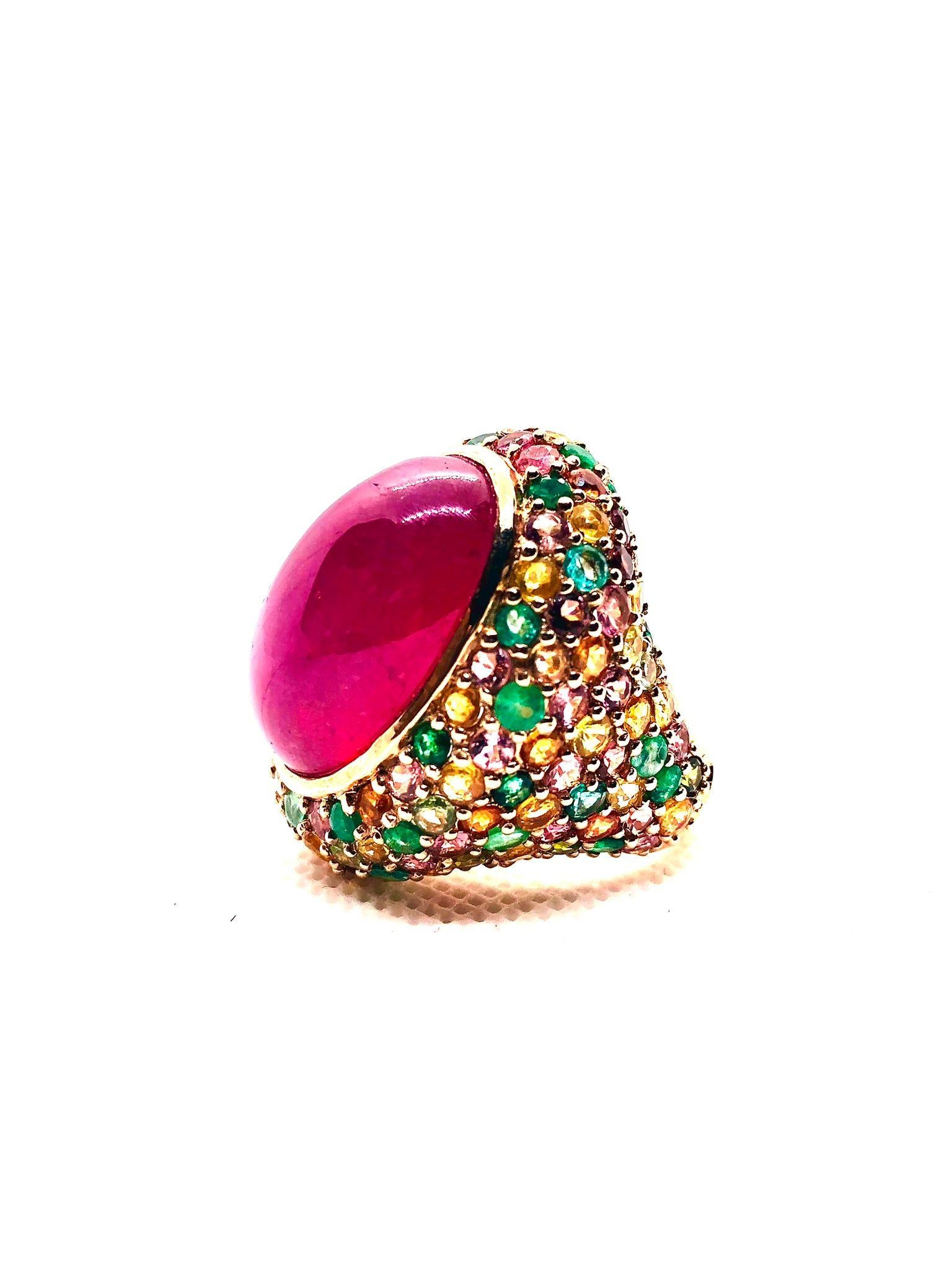 Women's or Men's Bochic “Orient” Vintage Retro Emerald, Ruby & Sapphire Ring Set In 18K Gold & Si For Sale