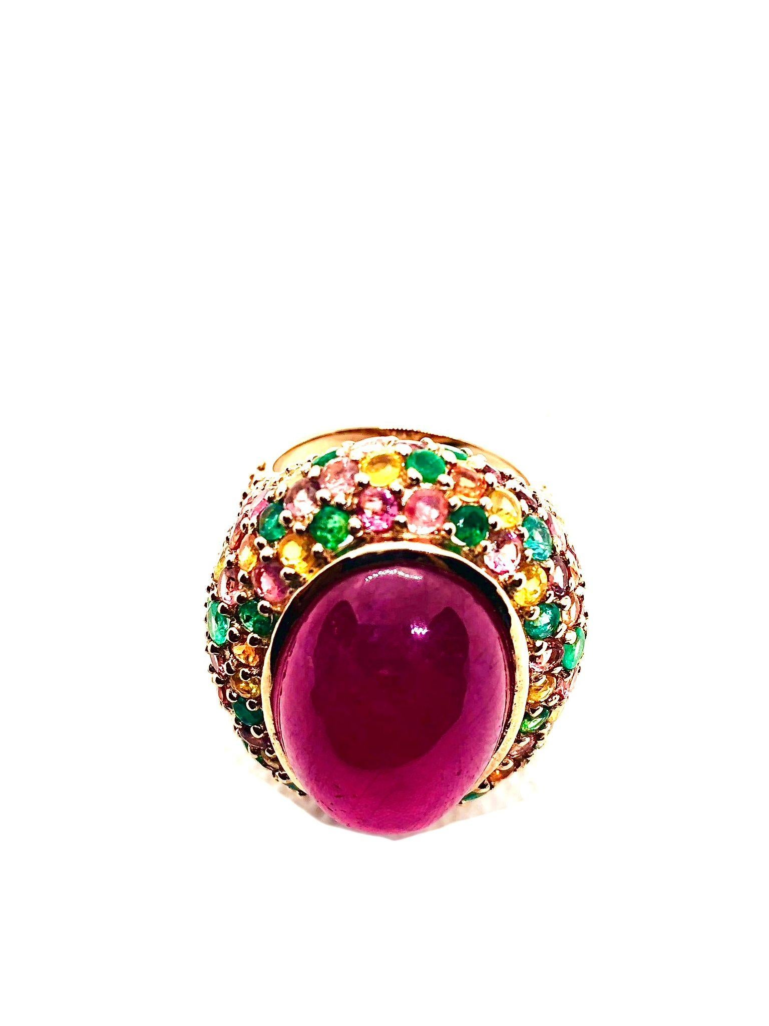 Bochic “Orient” Vintage Retro Emerald, Ruby & Sapphire Ring Set In 18K Gold & Si For Sale 1