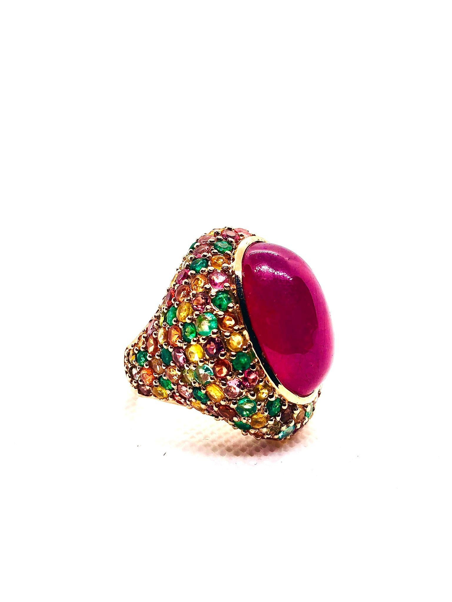 Bochic “Orient” Vintage Retro Emerald, Ruby & Sapphire Ring Set In 18K Gold & Si For Sale 3
