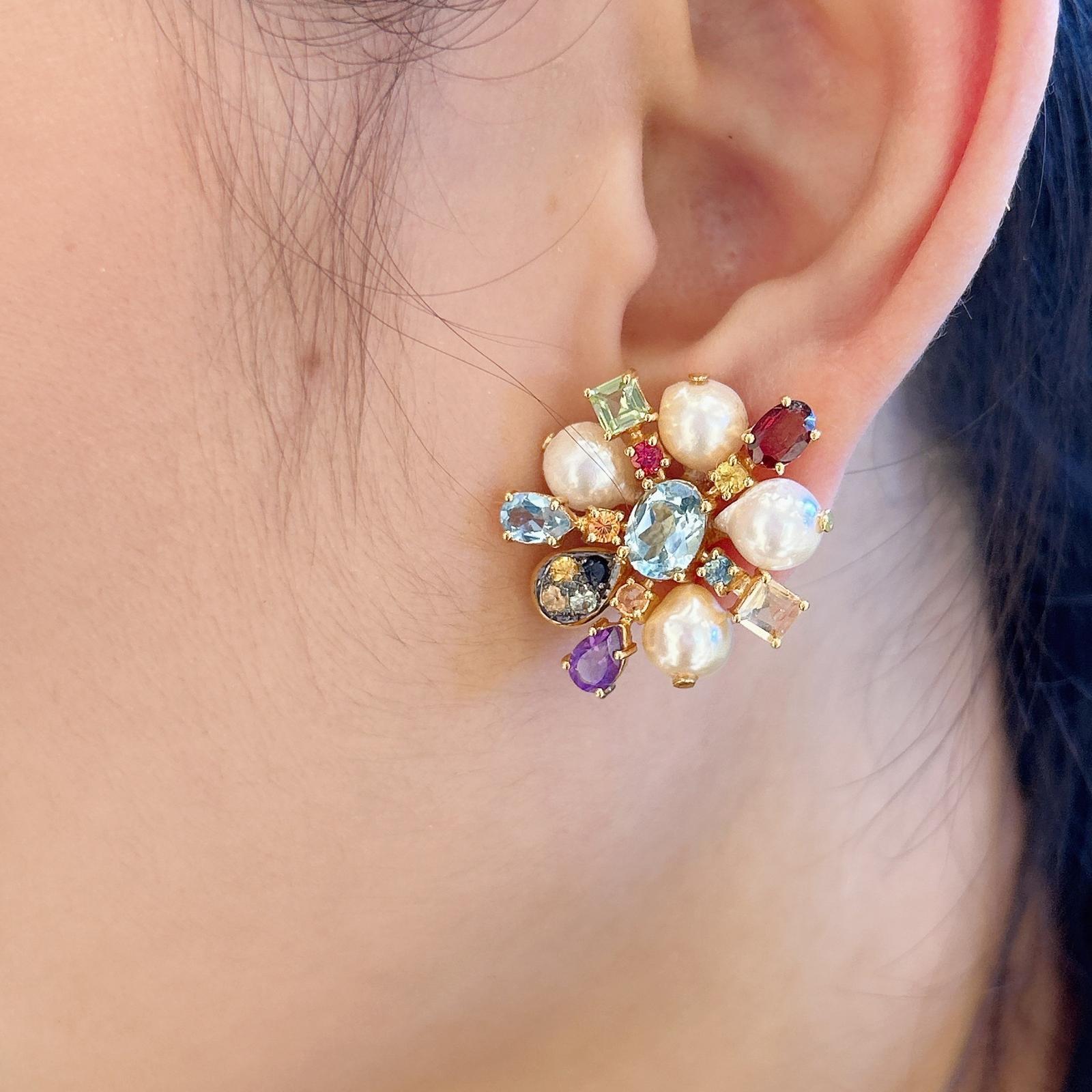Art Nouveau Bochic “Orient” Vintage Retro Multi Gem Burst Earrings Set 18K Gold & Silver For Sale