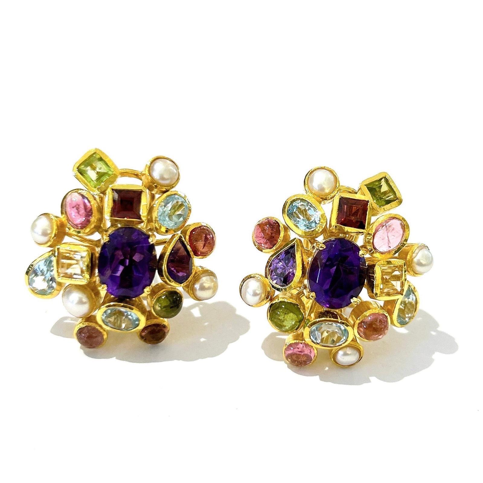 Baroque Bochic “Orient” Vintage Retro Multi Gem Burst Earrings Set 18K Gold & Silver For Sale