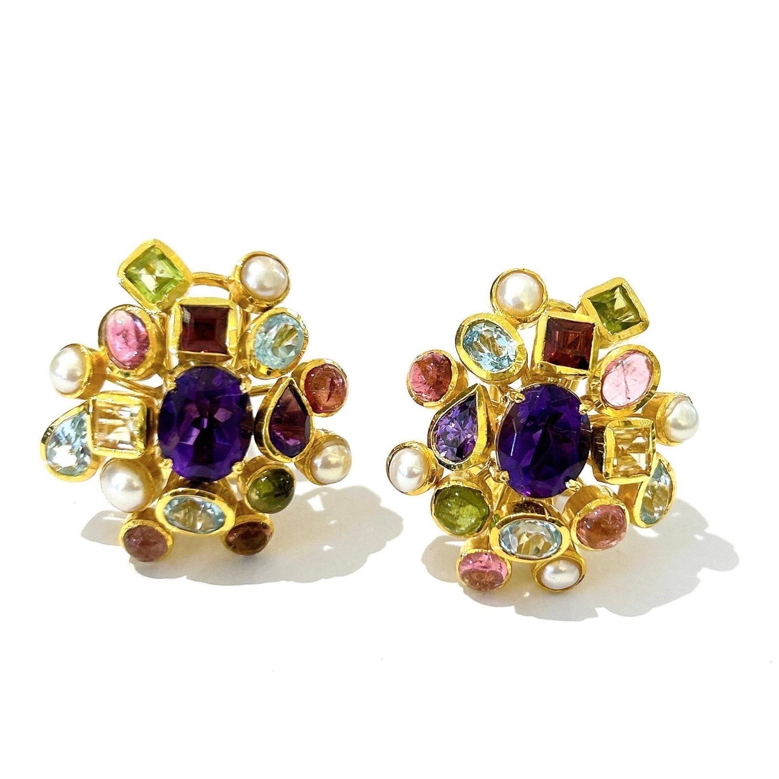 Brilliant Cut Bochic “Orient” Vintage Retro Multi Gem Burst Earrings Set 18K Gold & Silver For Sale