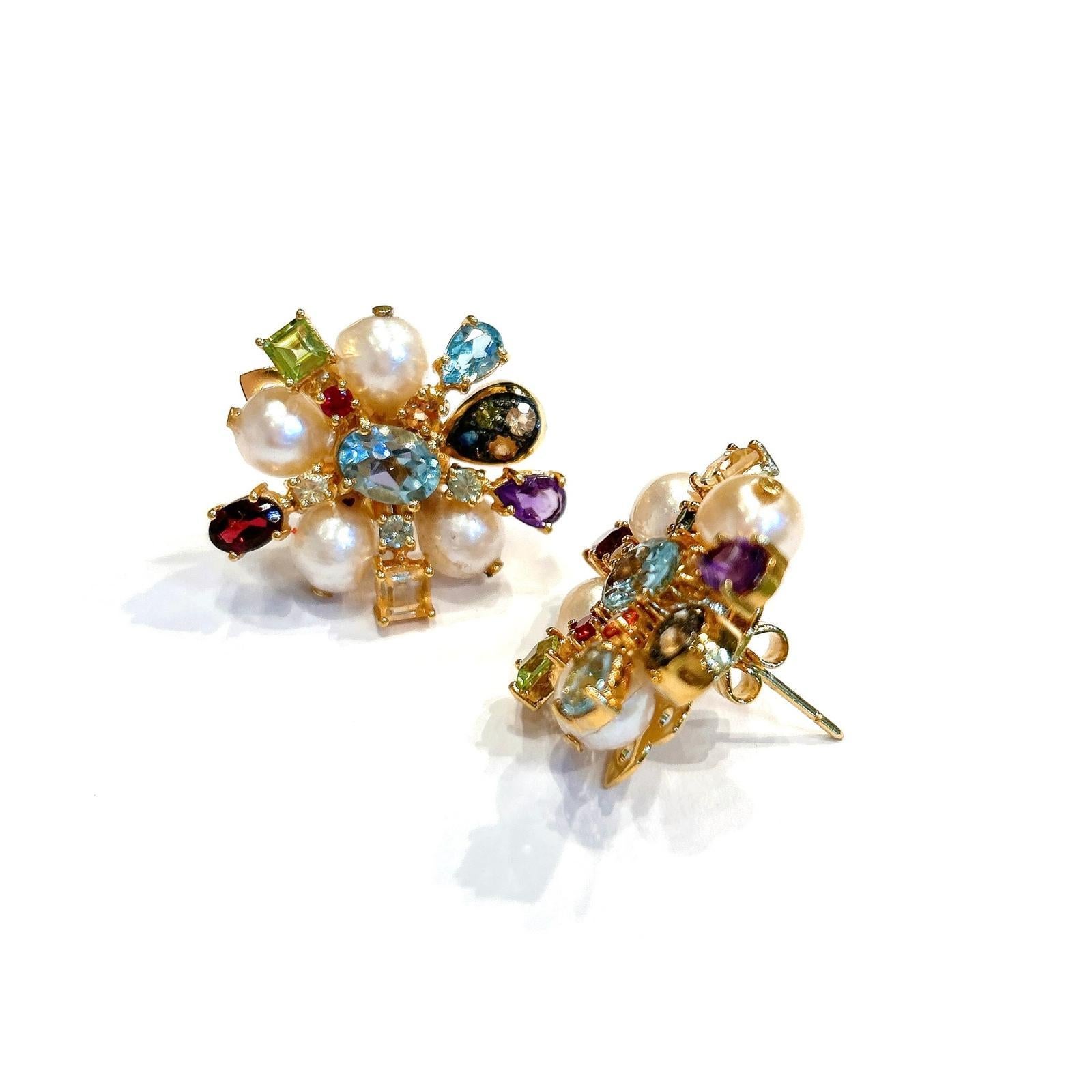 Bochic “Orient” Vintage Retro Multi Gem Burst Earrings Set 18K Gold & Silver In New Condition For Sale In New York, NY