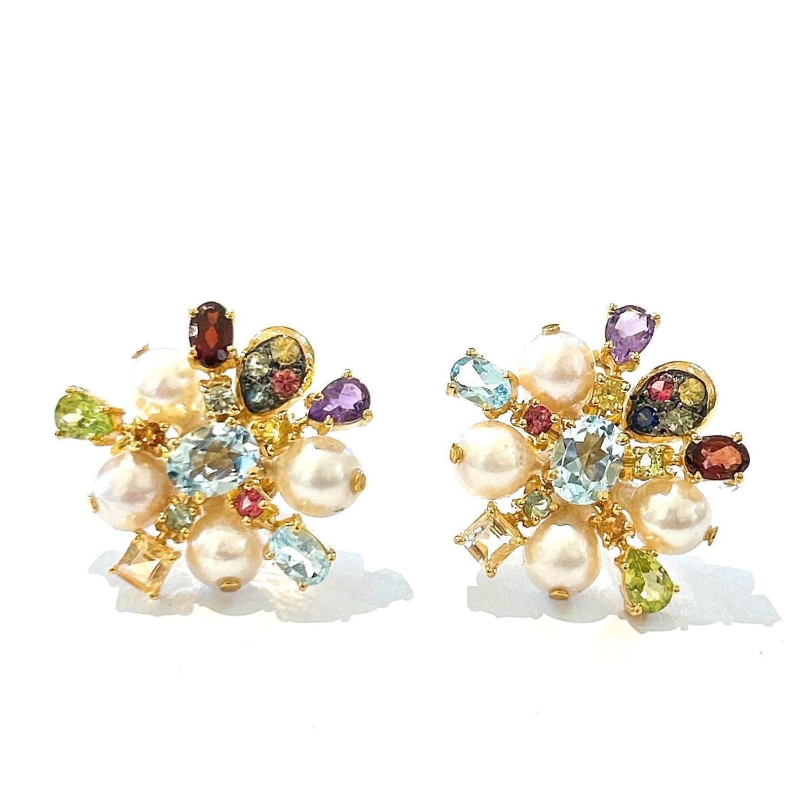 Women's or Men's Bochic “Orient” Vintage Retro Multi Gem Burst Earrings Set 18K Gold & Silver For Sale